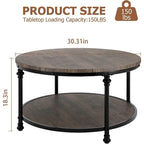Table basse ronde en bois de 77 cm, avec étagère de rangement, pieds en métal