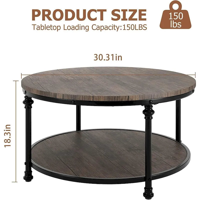 Table basse ronde en bois de 77 cm, avec étagère de rangement, pieds en métal