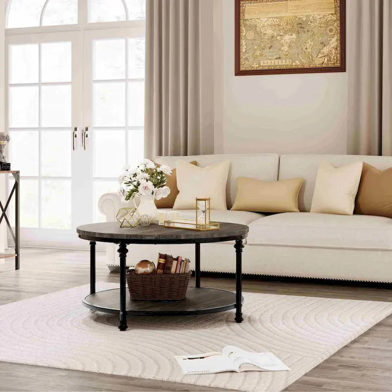 Table basse ronde en bois de 77 cm, avec étagère de rangement, pieds en métal