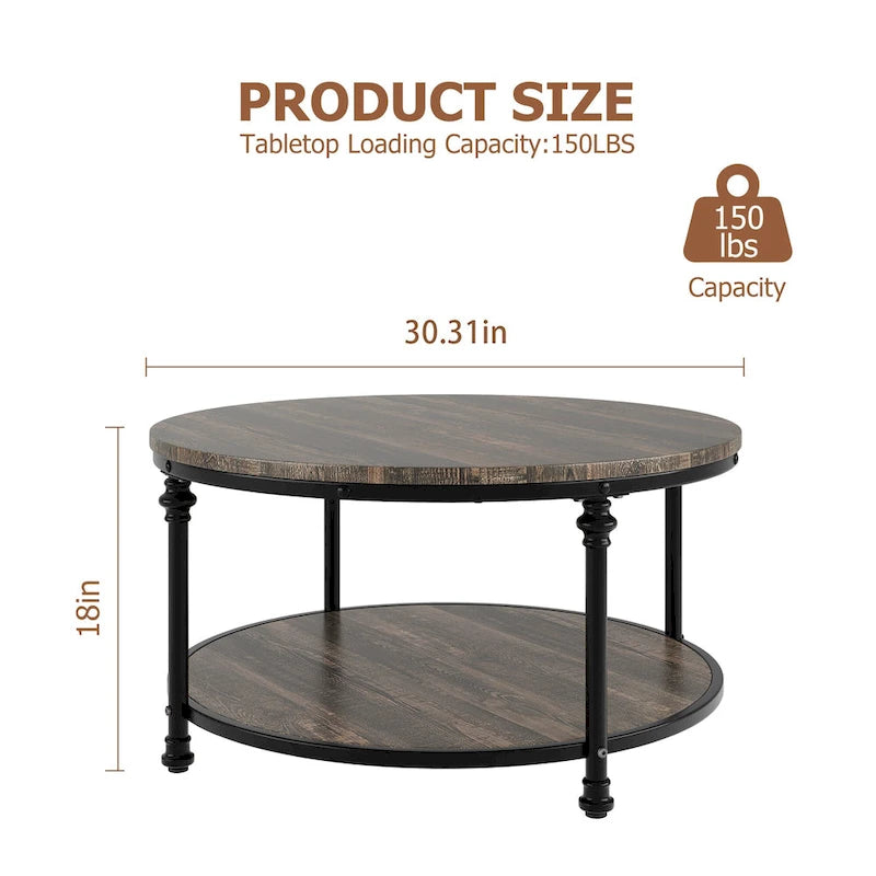Table basse ronde en bois de 77 cm, avec étagère de rangement, pieds en métal