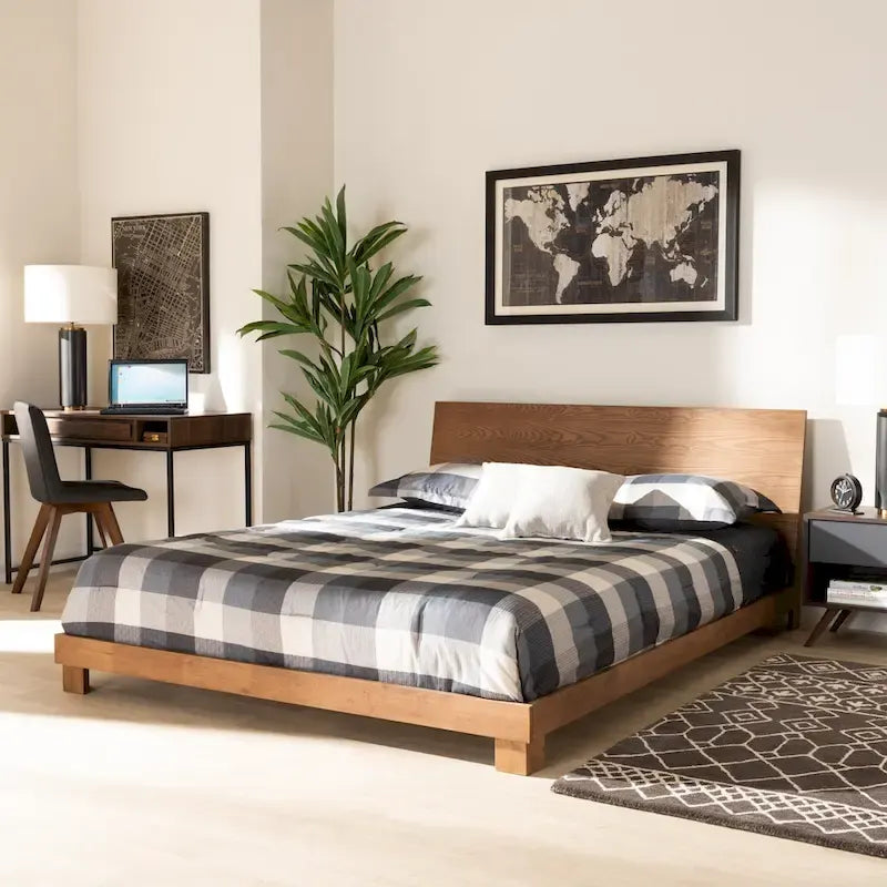 Lit plateforme en bois noyer brun contemporain moderne