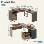55.7 Bureau d'angle relevable en L avec tiroirs et support d'écran