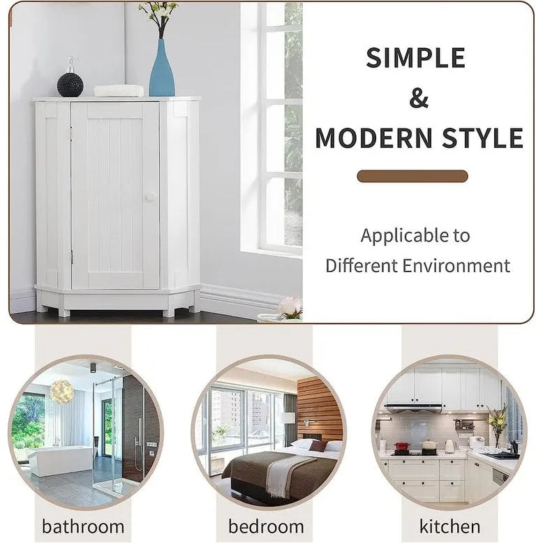 Meuble de rangement de salle de bain avec étagères réglables, Armoire d'angle sur pied avec porte unique, Meuble de sol autonome