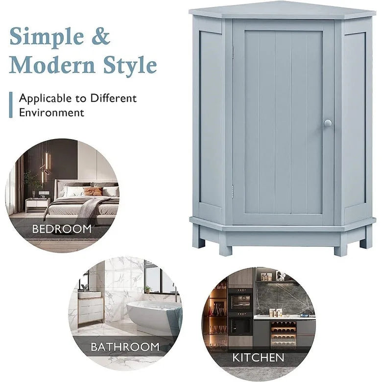 Meuble de rangement de salle de bain avec étagères réglables, Armoire d'angle sur pied avec porte unique, Meuble de sol autonome