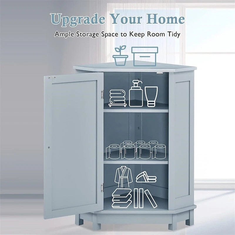 Meuble de rangement de salle de bain avec étagères réglables, Armoire d'angle sur pied avec porte unique, Meuble de sol autonome