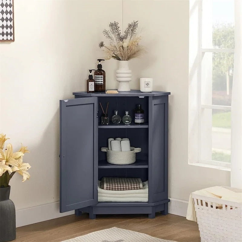 Meuble de rangement de salle de bain avec étagères réglables, Armoire d'angle sur pied avec porte unique, Meuble de sol autonome