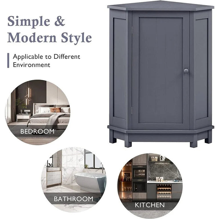 Meuble de rangement de salle de bain avec étagères réglables, Armoire d'angle sur pied avec porte unique, Meuble de sol autonome
