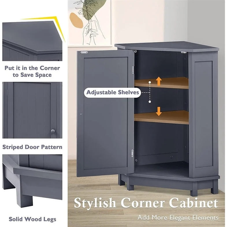 Meuble de rangement de salle de bain avec étagères réglables, Armoire d'angle sur pied avec porte unique, Meuble de sol autonome