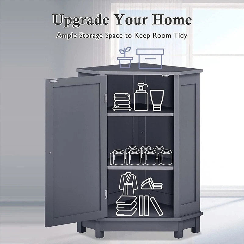 Meuble de rangement de salle de bain avec étagères réglables, Armoire d'angle sur pied avec porte unique, Meuble de sol autonome