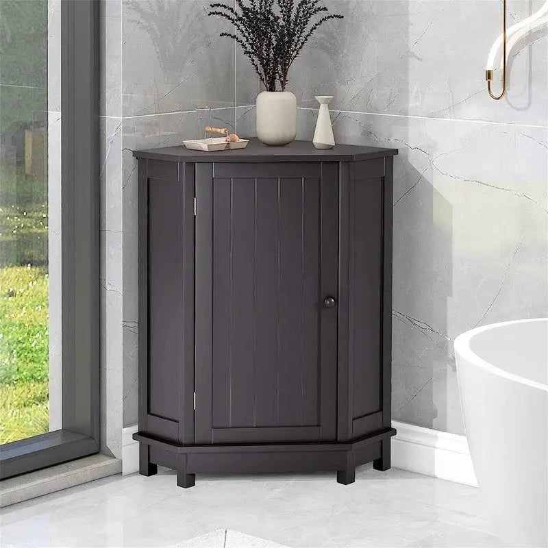 Meuble de rangement de salle de bain avec étagères réglables, Armoire d'angle sur pied avec porte unique, Meuble de sol autonome