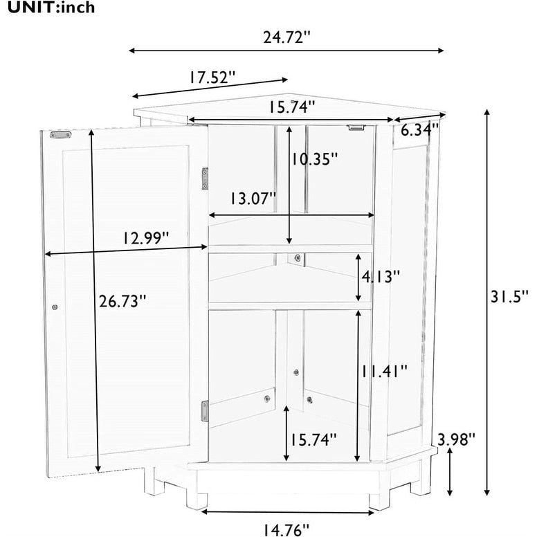 Meuble de rangement de salle de bain avec étagères réglables, Armoire d'angle sur pied avec porte unique, Meuble de sol autonome