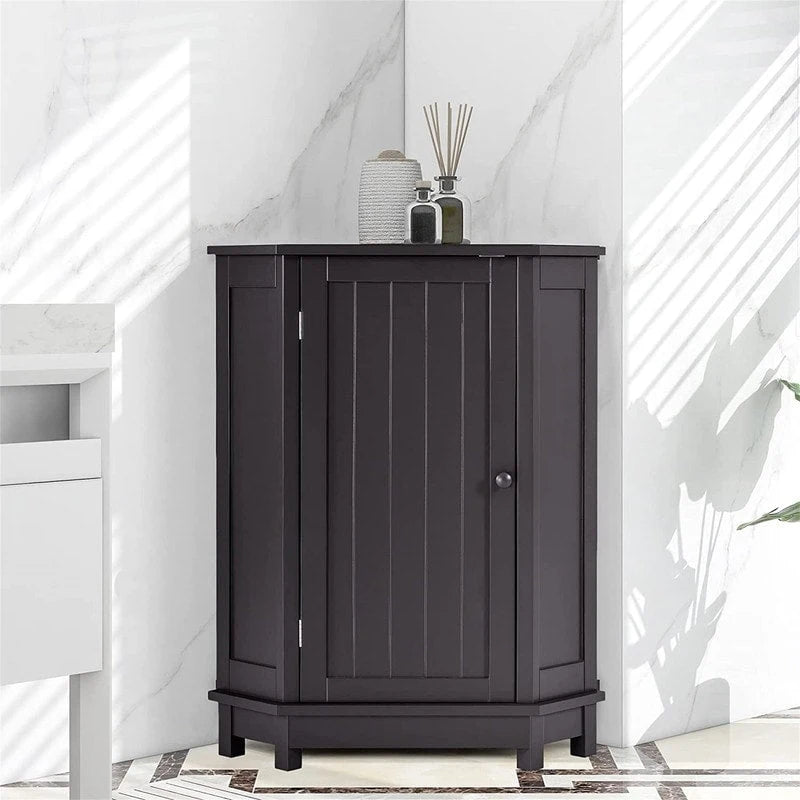 Meuble de rangement de salle de bain avec étagères réglables, Armoire d'angle sur pied avec porte unique, Meuble de sol autonome