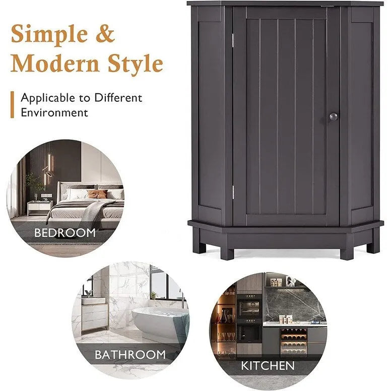 Meuble de rangement de salle de bain avec étagères réglables, Armoire d'angle sur pied avec porte unique, Meuble de sol autonome