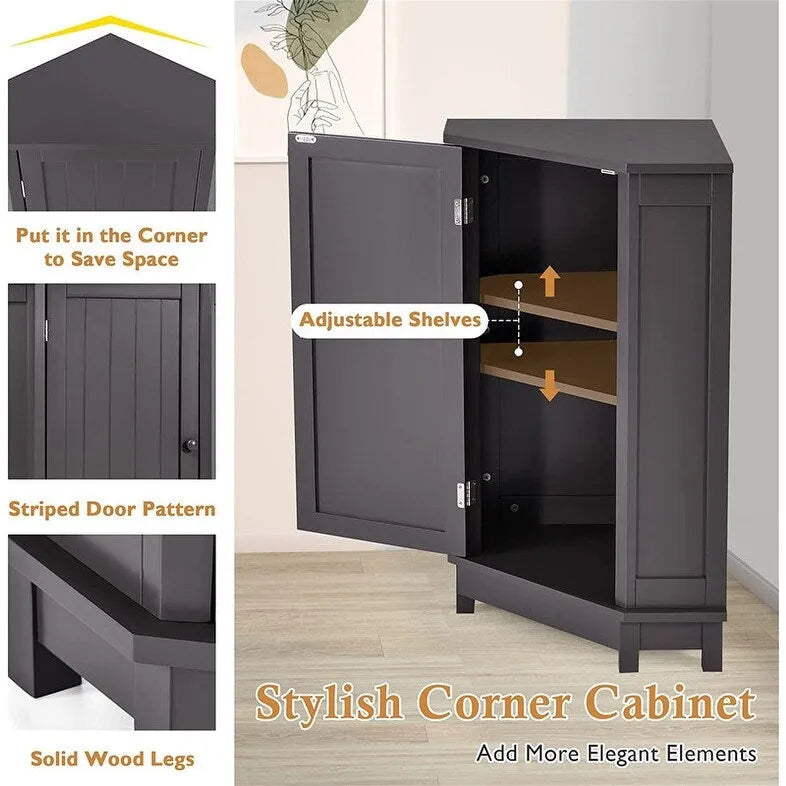 Meuble de rangement de salle de bain avec étagères réglables, Armoire d'angle sur pied avec porte unique, Meuble de sol autonome