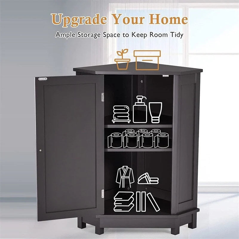 Meuble de rangement de salle de bain avec étagères réglables, Armoire d'angle sur pied avec porte unique, Meuble de sol autonome