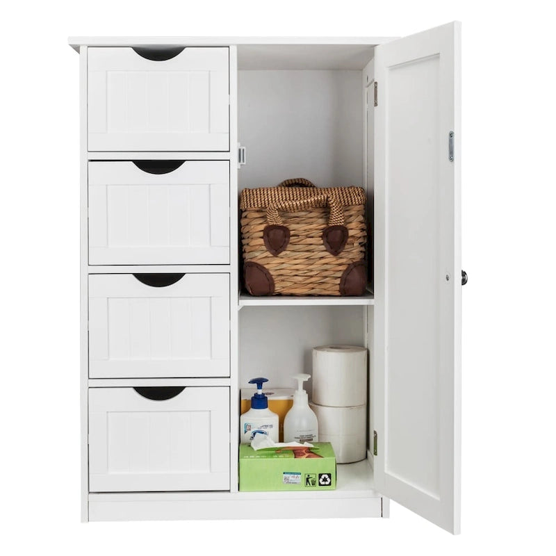 Meuble de rangement de salle de bain à porte unique avec 4 tiroirs Blanc