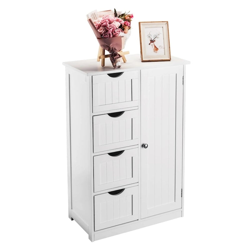 Meuble de rangement de salle de bain à porte unique avec 4 tiroirs Blanc