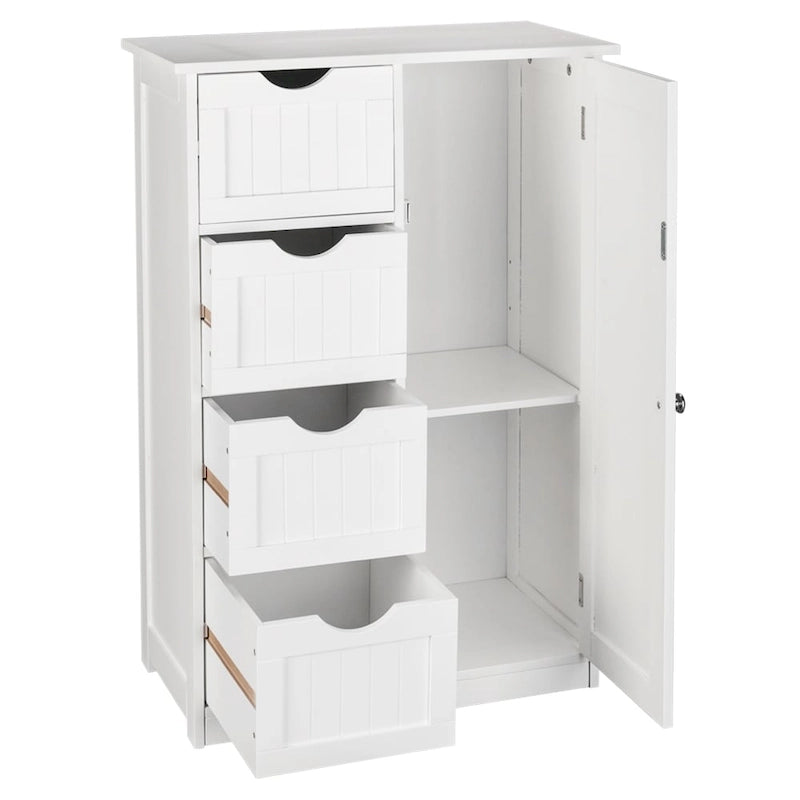 Meuble de rangement de salle de bain à porte unique avec 4 tiroirs Blanc