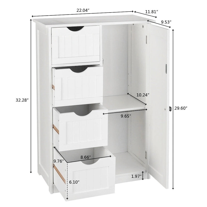 Meuble de rangement de salle de bain à porte unique avec 4 tiroirs Blanc