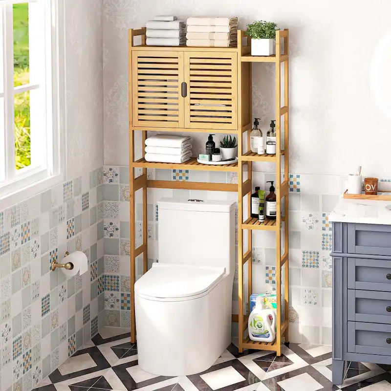 Meuble de rangement de salle de bain en bambou à placer au-dessus des toilettes avec étagère