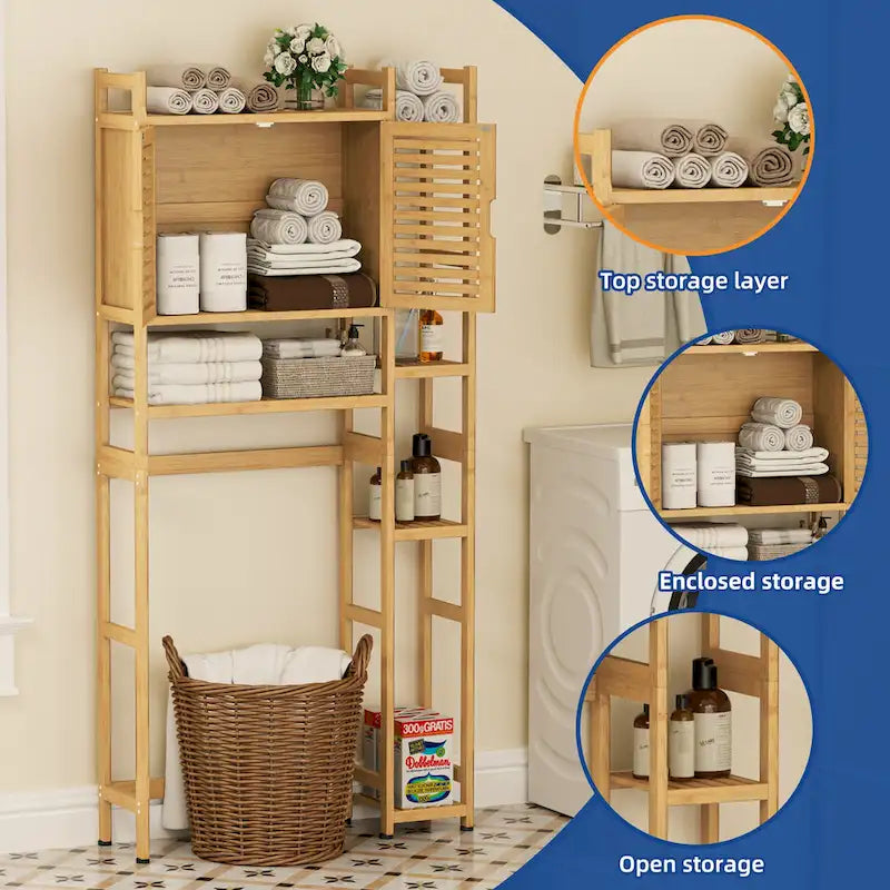 Meuble de rangement de salle de bain en bambou à placer au-dessus des toilettes avec étagère