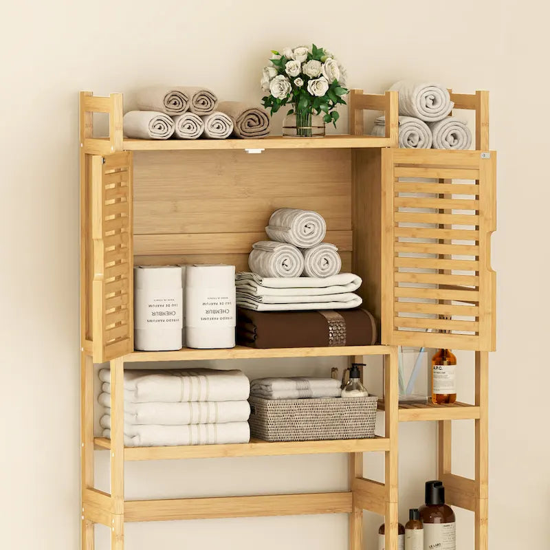 Meuble de rangement de salle de bain en bambou à placer au-dessus des toilettes avec étagère