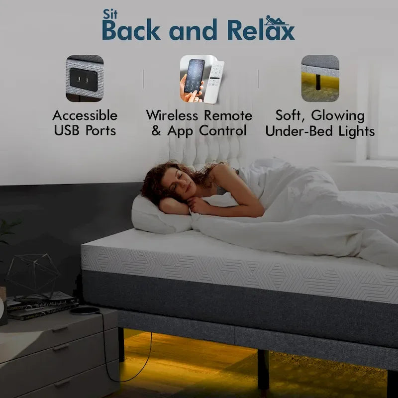 Lit réglable avec matelas, anti-ronflement, double massage, ports USB et éclairage sous le lit