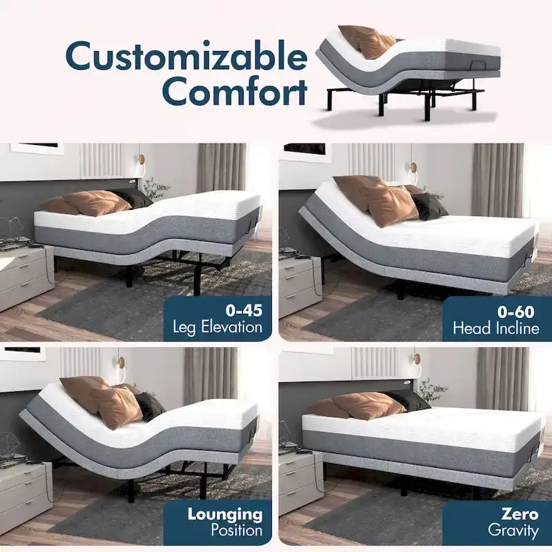 Lit réglable avec matelas, anti-ronflement, double massage, ports USB et éclairage sous le lit