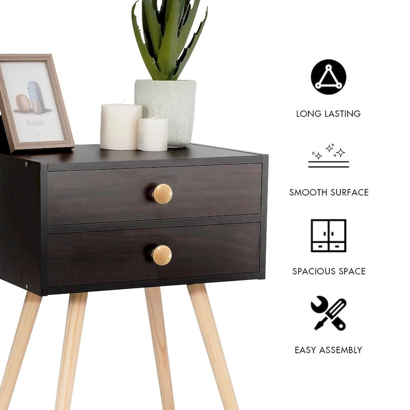 Table de chevet à 2 tiroirs de style moderne du milieu du siècle