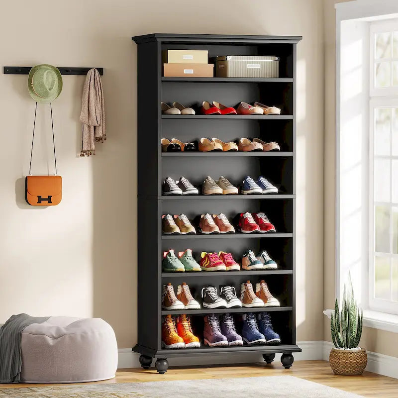 Meuble à chaussures haut et étroit avec éclairage LED, meuble de rangement pour 30 paires de chaussures à 9 niveaux, autoportant