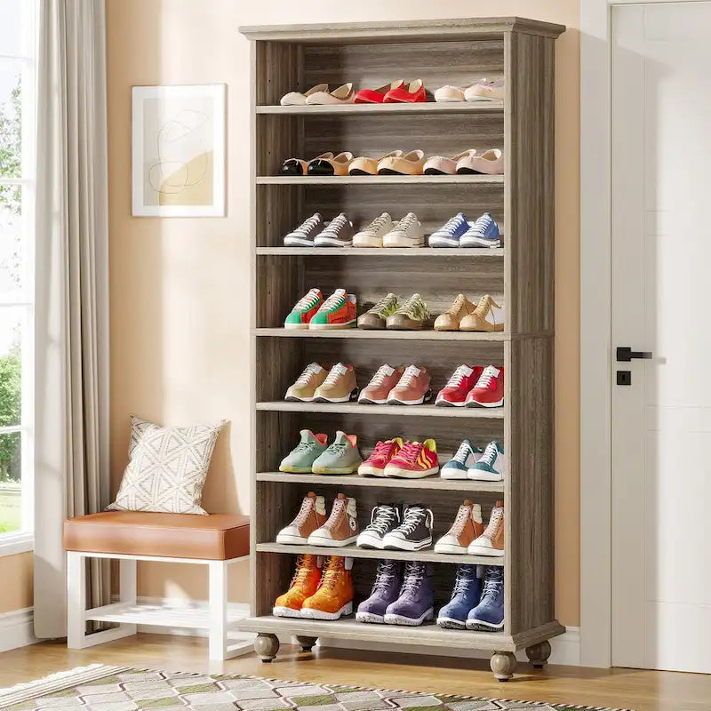 Meuble à chaussures haut et étroit avec éclairage LED, meuble de rangement pour 30 paires de chaussures à 9 niveaux, autoportant