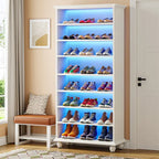 Meuble à chaussures haut et étroit avec éclairage LED, meuble de rangement pour 30 paires de chaussures à 9 niveaux, autoportant