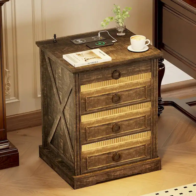 Table de chevet à 2 tiroirs avec éclairage LED, station de charge et tiroir secret pour arme