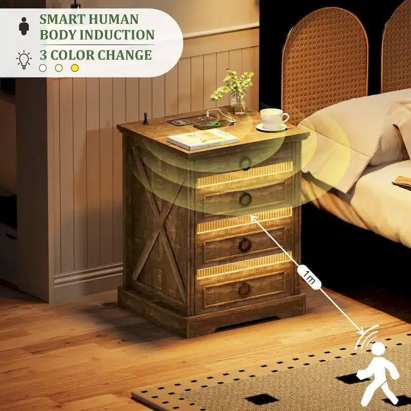 Table de chevet à 2 tiroirs avec éclairage LED, station de charge et tiroir secret pour arme