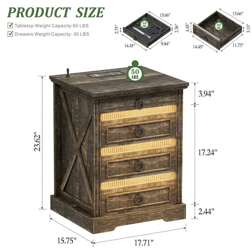 Table de chevet à 2 tiroirs avec éclairage LED, station de charge et tiroir secret pour arme