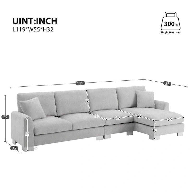 Canapé d'angle en chenille surdimensionné de 119x55 pouces avec méridienne