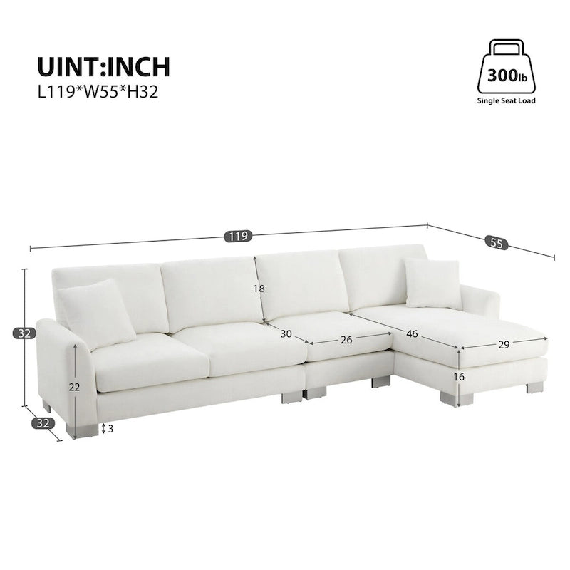 Canapé d'angle en chenille surdimensionné de 119x55 pouces avec méridienne