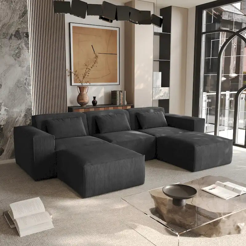 Canapé d'angle modulable moderne avec 3 oreillers, canapé de salon convertible avec poufs