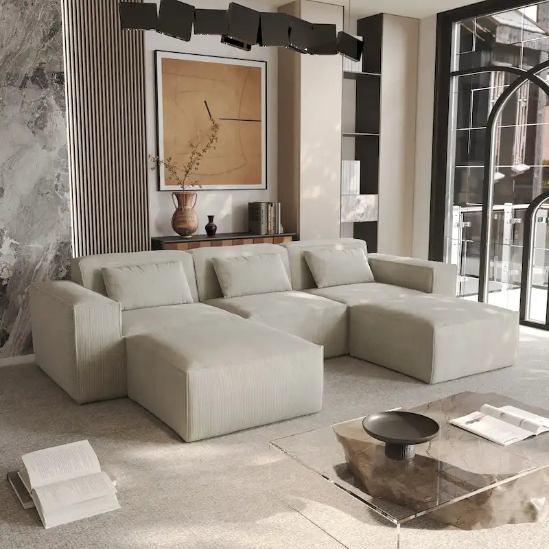 Canapé d'angle modulable moderne avec 3 oreillers, canapé de salon convertible avec poufs