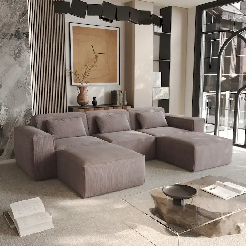 Canapé d'angle modulable moderne avec 3 oreillers, canapé de salon convertible avec poufs