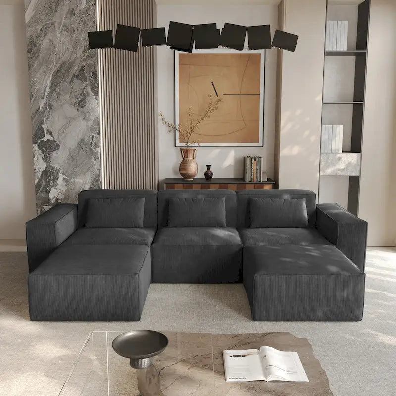 Canapé d'angle modulable moderne avec 3 oreillers, canapé de salon convertible avec poufs