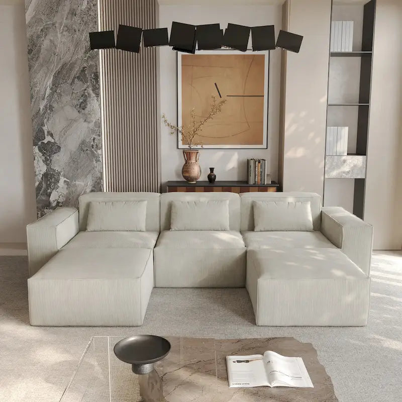 Canapé d'angle modulable moderne avec 3 oreillers, canapé de salon convertible avec poufs