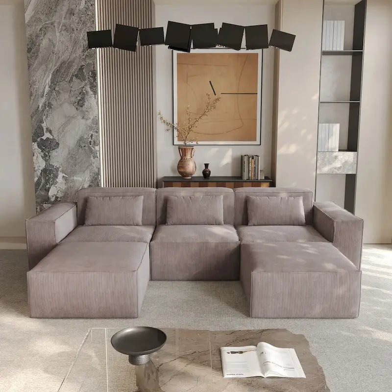Canapé d'angle modulable moderne avec 3 oreillers, canapé de salon convertible avec poufs