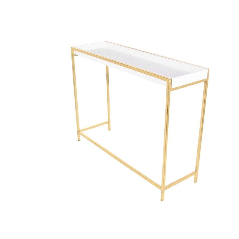 Table console gigogne géométrique en bois blanc avec pieds en métal doré