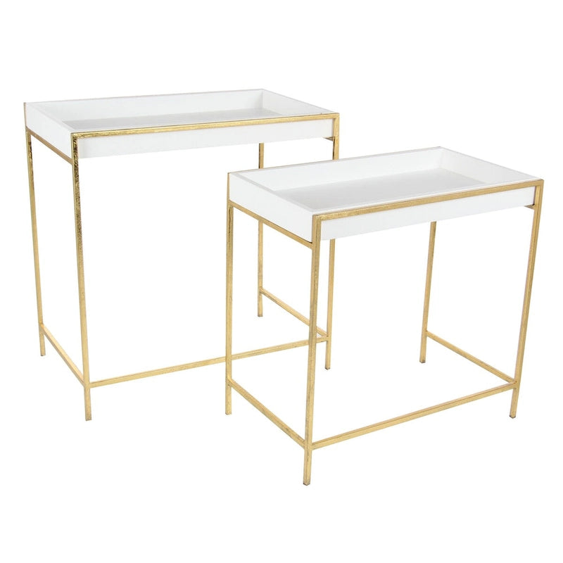 Table console gigogne géométrique en bois blanc avec pieds en métal doré