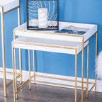 Table console gigogne géométrique en bois blanc avec pieds en métal doré
