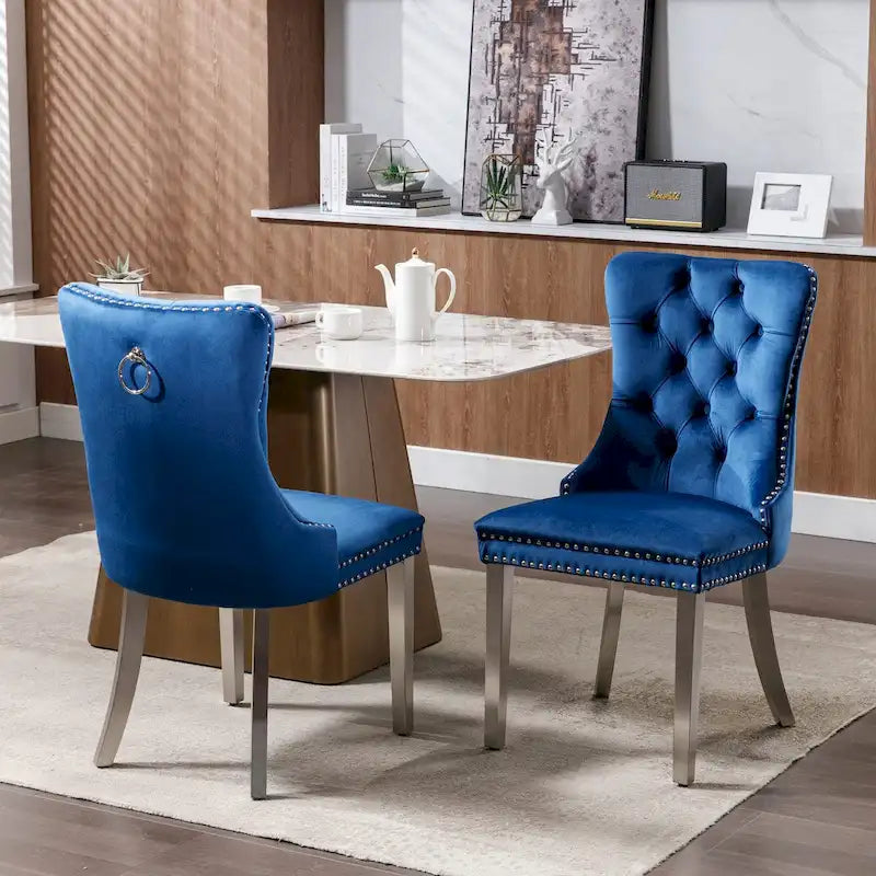 Chaise de salle à manger en velours avec clous décoratifs et pieds en acier inoxydable chromé