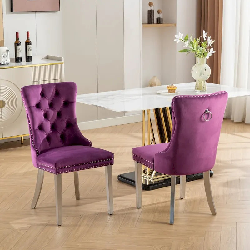 Chaise de salle à manger en velours avec clous décoratifs et pieds en acier inoxydable chromé