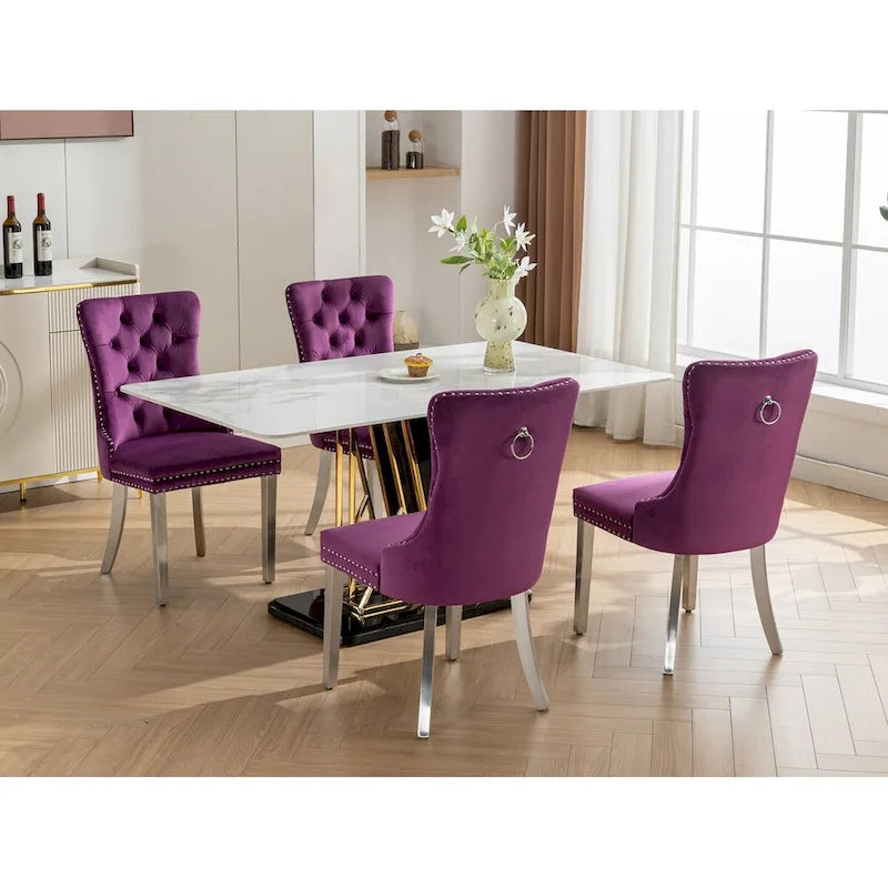 Chaise de salle à manger en velours avec clous décoratifs et pieds en acier inoxydable chromé