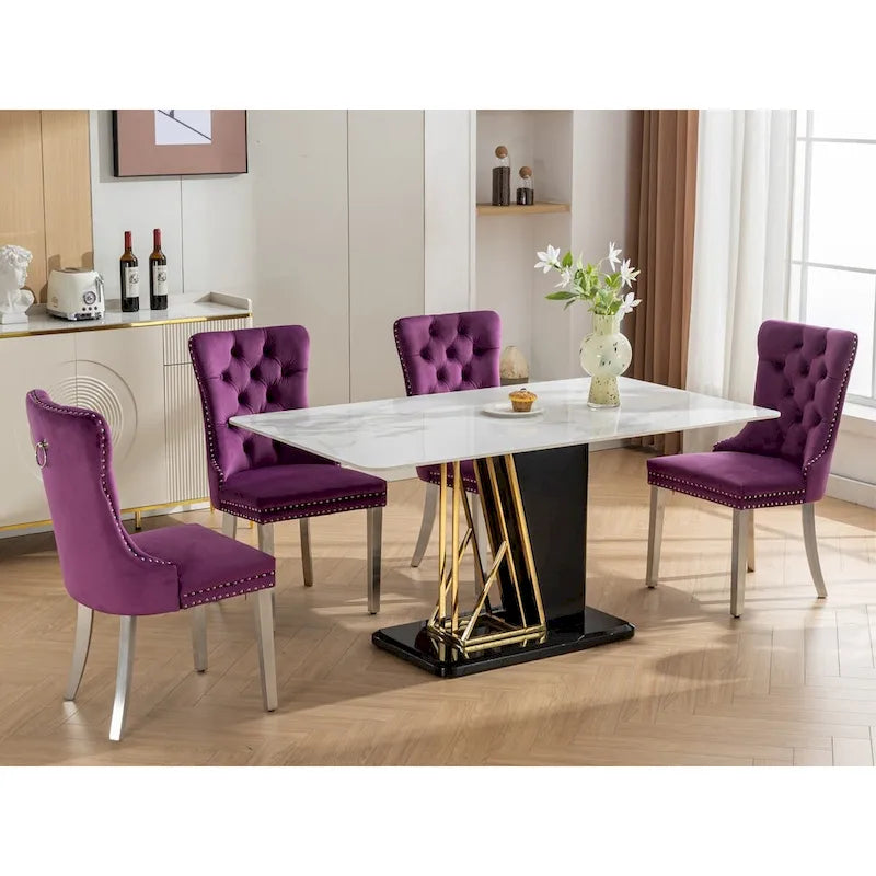 Chaise de salle à manger en velours avec clous décoratifs et pieds en acier inoxydable chromé